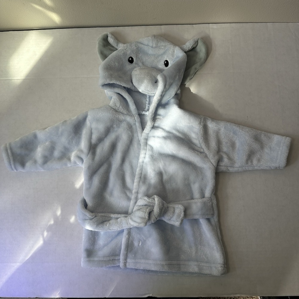 Light Blue Plush Elephant Hooded Bathrobe Soft Fleece Animal Robe with Tie Waist - Picture 2 of 4
